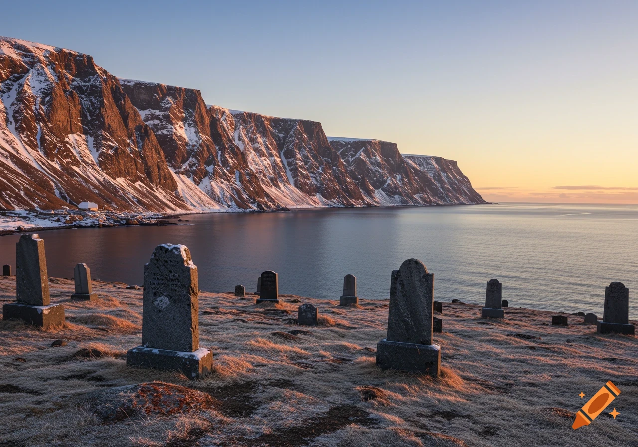 Photorealistic landscape of a snow-dusted cemetery overlooking a calm sea and massive, snow-covered cliffs at sunrise.