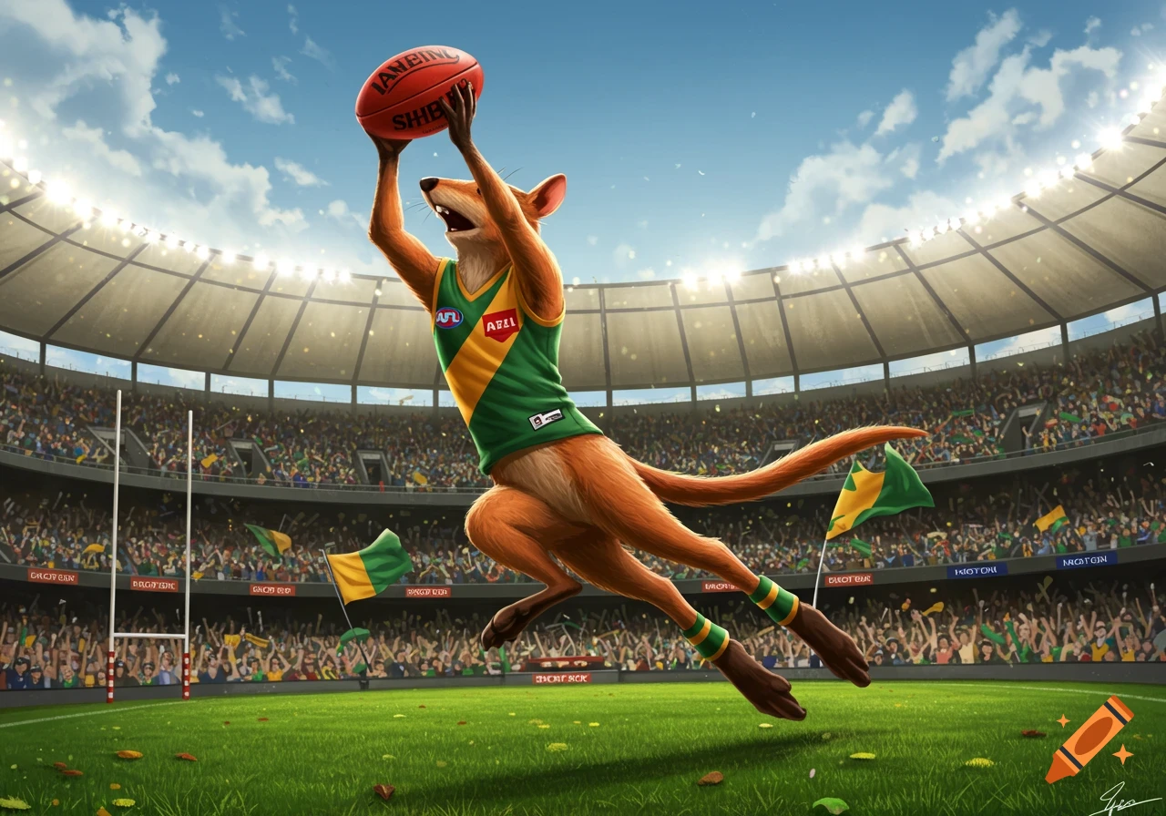 A cartoon bandicoot in a green and yellow uniform jumps to catch a football in a crowded, sunlit stadium.