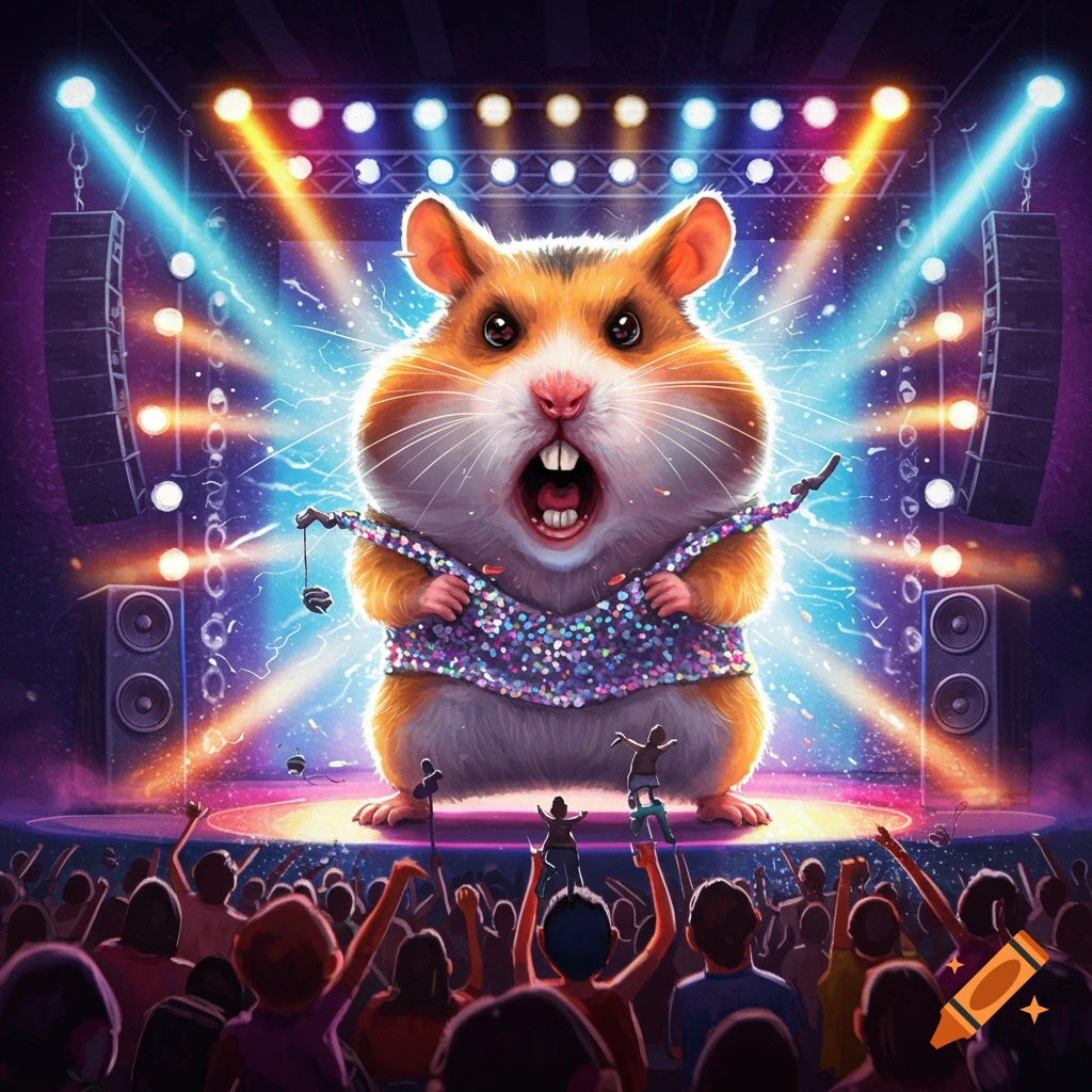 A giant hamster pop star in a sequined top sings on a brightly lit stage to a cheering crowd.