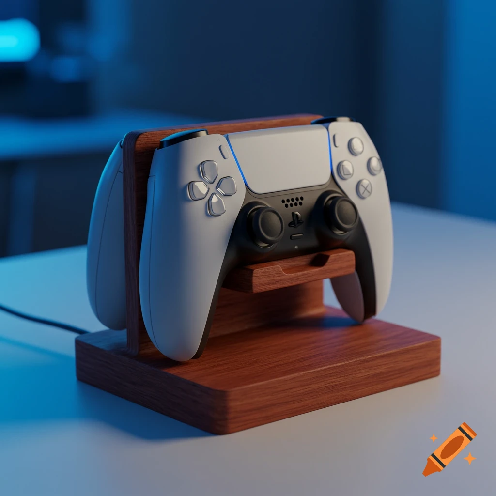 A white PS5 controller sits on a wooden charging stand, illuminated by blue light in a dimly lit room.