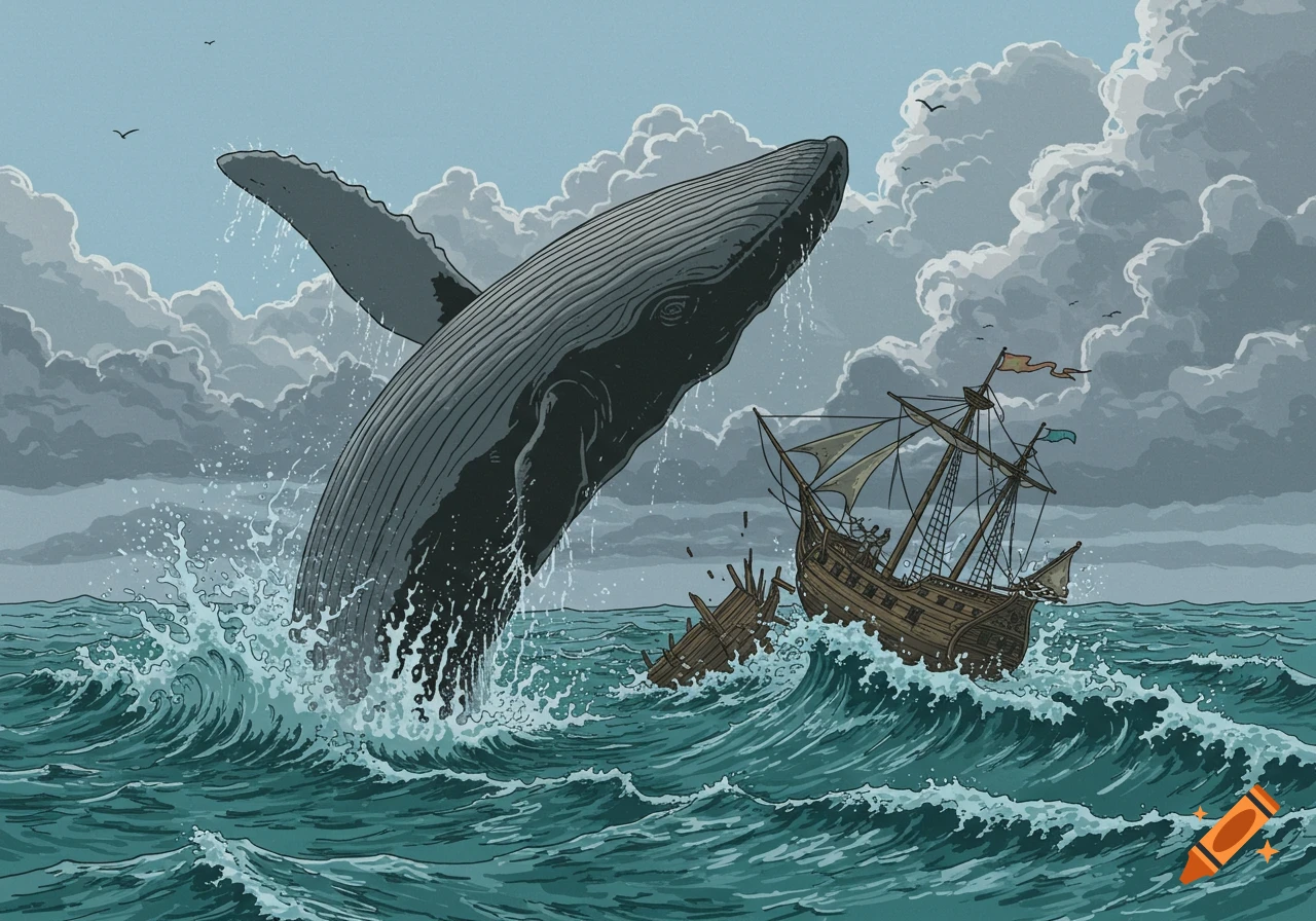 A large whale breaches out of the water, next to a broken wooden sailing ship in a stormy sea, in an illustrative style.