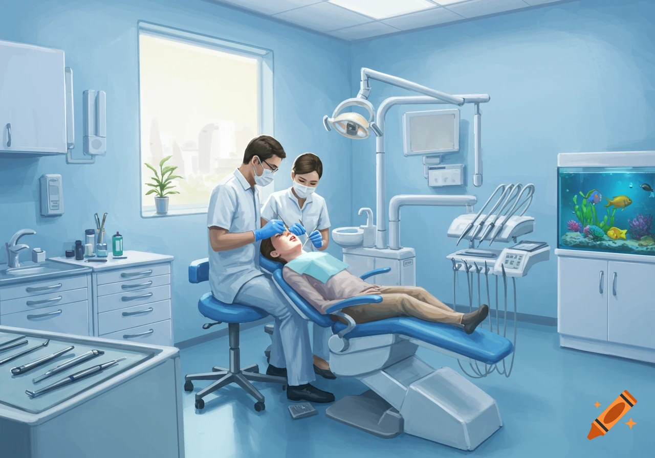 An illustration of a dentist and an assistant performing dental work on a patient in a bright blue dental office with an aquarium.