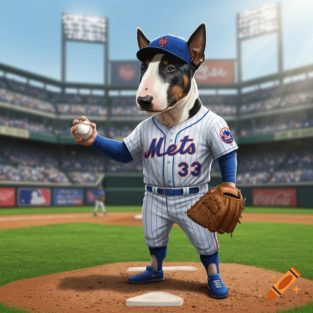 A photorealistic Bull Terrier dog wearing a New York Mets baseball uniform and cap, holding a baseball on a pitcher's mound in a stadium.