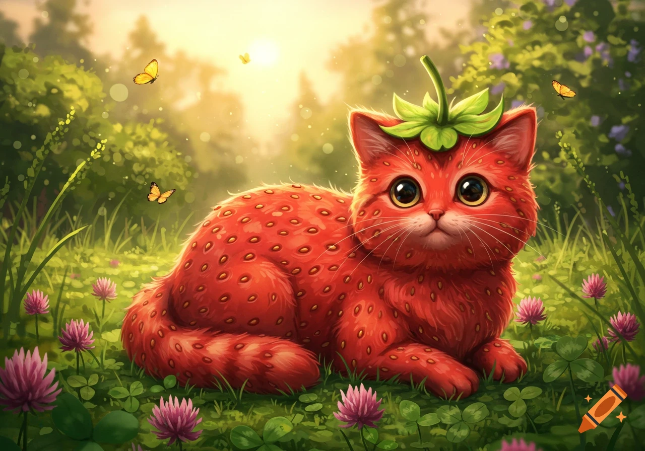 A cute, red strawberry-like cat with a green stem on its head lies in a sunny, green field with pink clover flowers and butterflies.