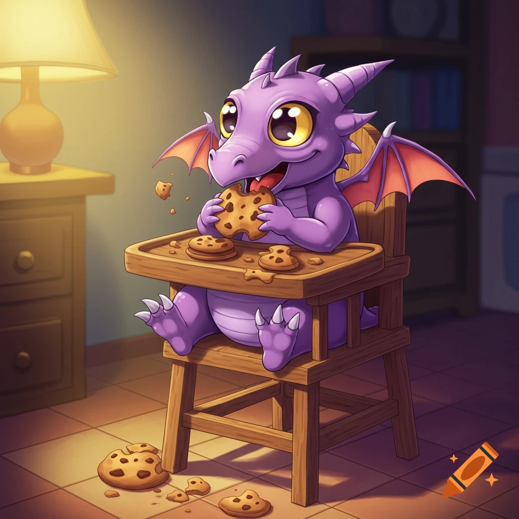 A chubby, messy, purple baby dragon in a highchair happily eating a large chocolate chip cookie, with more cookies scattered on the tray and floor.