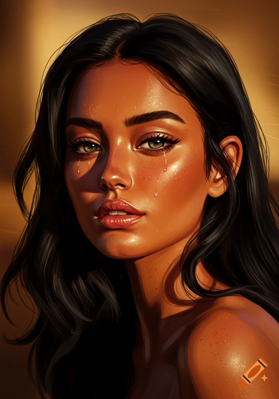 Close-up digital art portrait of a woman with olive skin, dark hair, and green eyes, with tears running down her cheeks, illuminated by warm light.