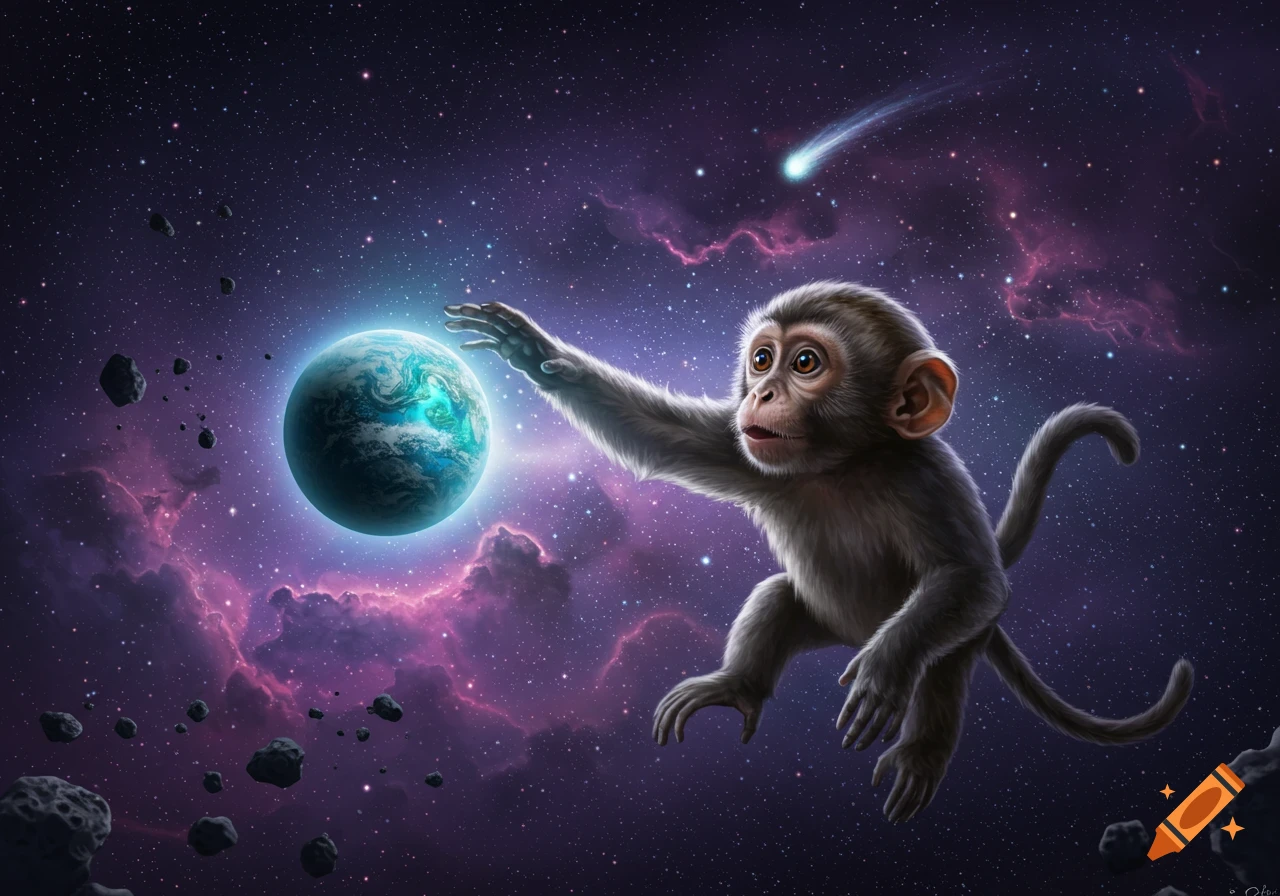 A baby monkey in space reaches for a glowing Earth, surrounded by stars, nebulas, and asteroids.