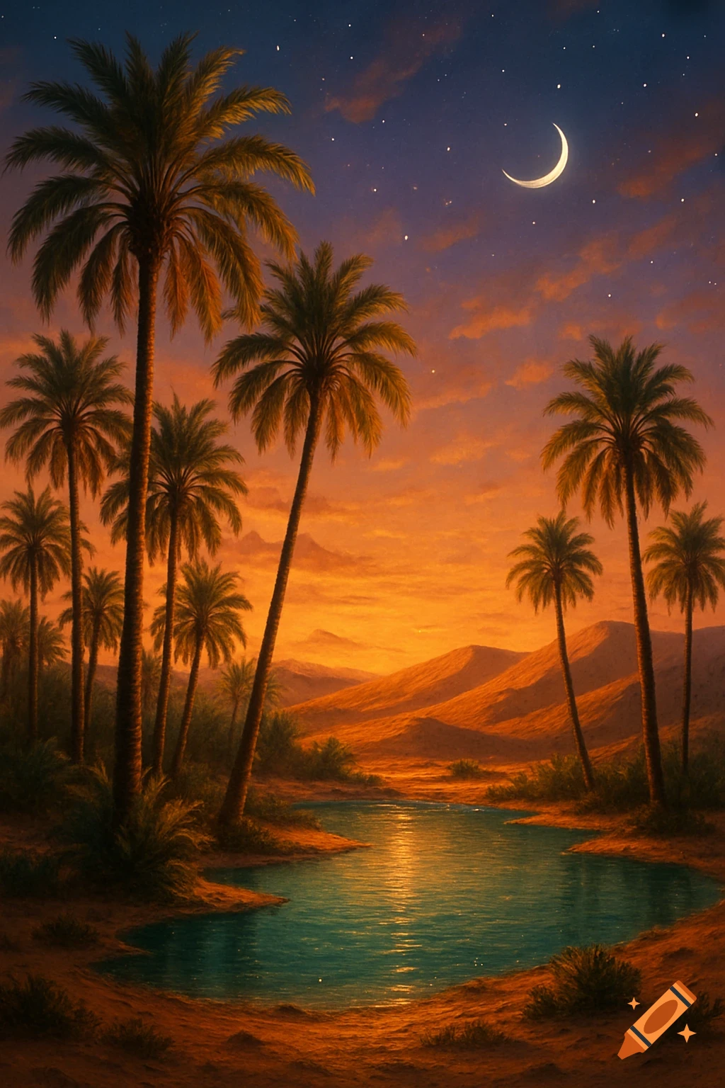 A vibrant desert oasis at twilight, with palm trees surrounding a pool of water reflecting the orange sky and a crescent moon.