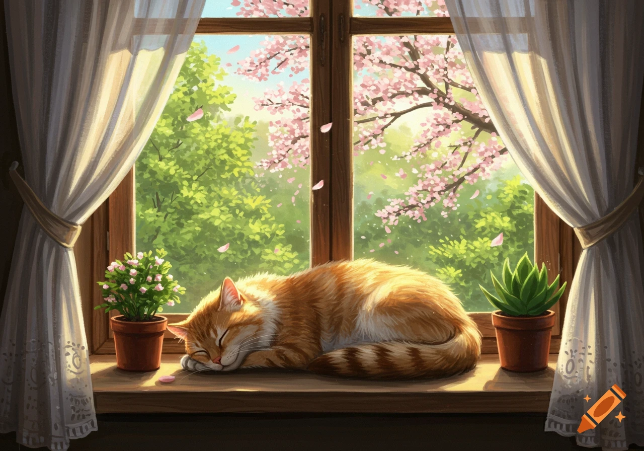 An orange and white cat peacefully sleeps on a sunlit wooden windowsill, with potted plants and a view of blooming cherry trees outside.