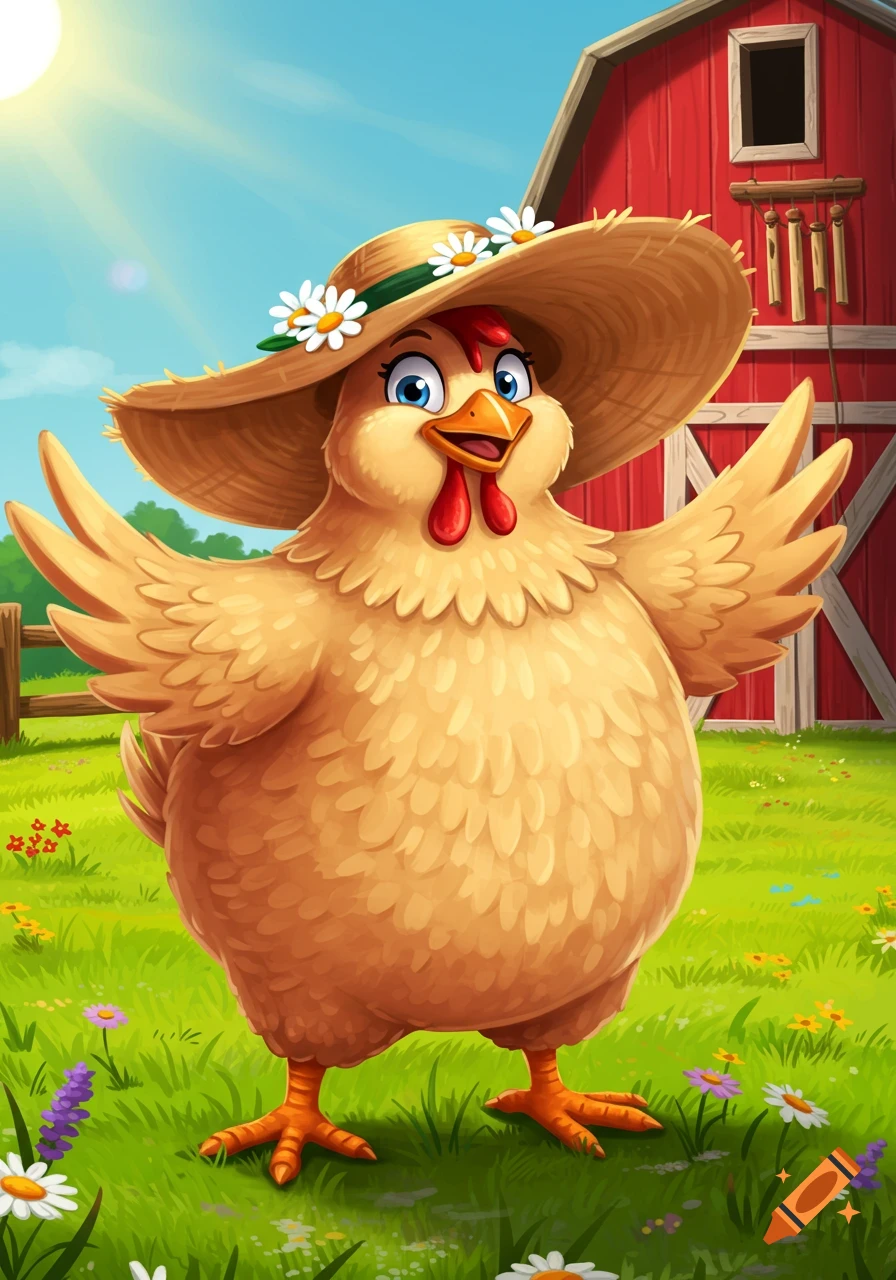 A happy cartoon chicken wearing a straw hat with daisies stands in a green field with wildflowers, a red barn and sunny blue sky in the background.