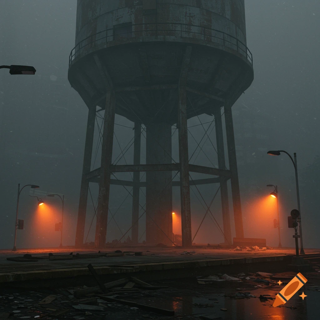 A rusty, brutalist water tower looms over a debris-covered platform at night, lit by orange streetlights in a dense fog.
