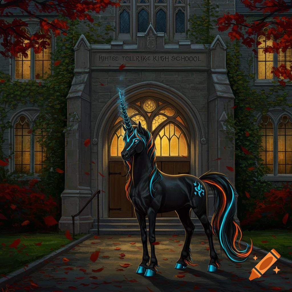 A gothic black unicorn with glowing blue and orange markings stands before an old stone high school building with red autumn leaves.