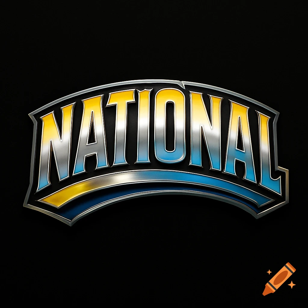 A stylized, arched logo for "NATIONAL" with metallic silver, yellow, and blue text on a black background.