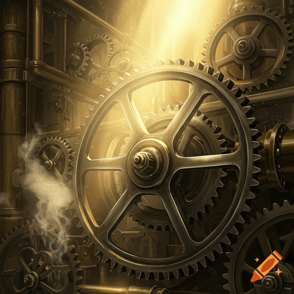 Interlocking steampunk gears and pipes bathed in warm, bright light, with steam rising.