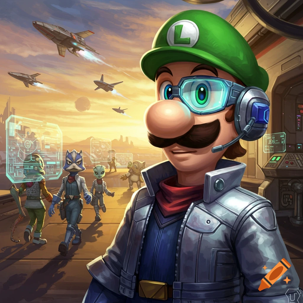 Luigi in a space suit with goggles and a headset, standing with Starfox characters and spaceships in a futuristic landscape.