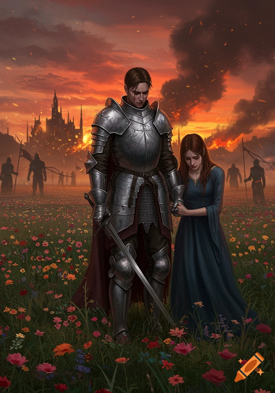A sorrowful knight in full armor and a heartbroken lady in a blue dress stand in a flower field at sunset, with a burning castle in the background.