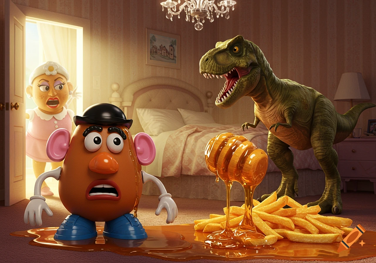 Mr. Potato Head, covered in honey, looks shocked on a bedroom floor while a T-Rex looms nearby and a startled Mrs. Potato Head enters the room.