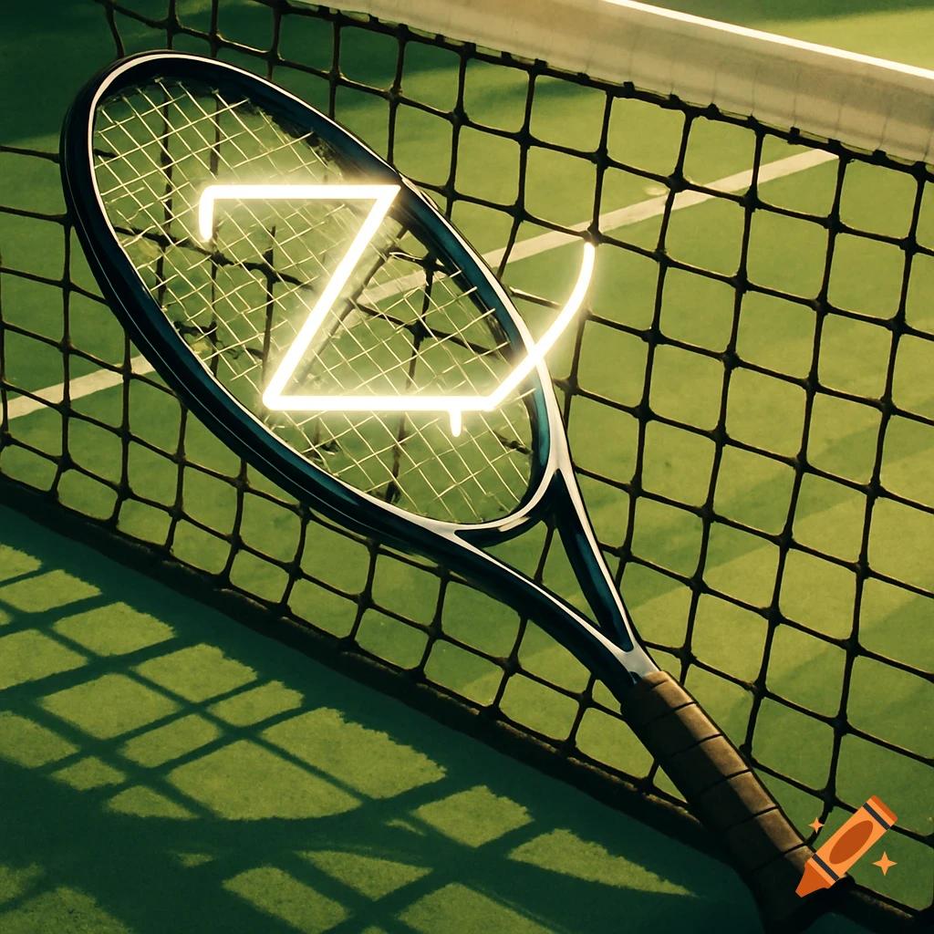 A tennis racket leans against a net on a green court, with a glowing neon letter Z on its strings.