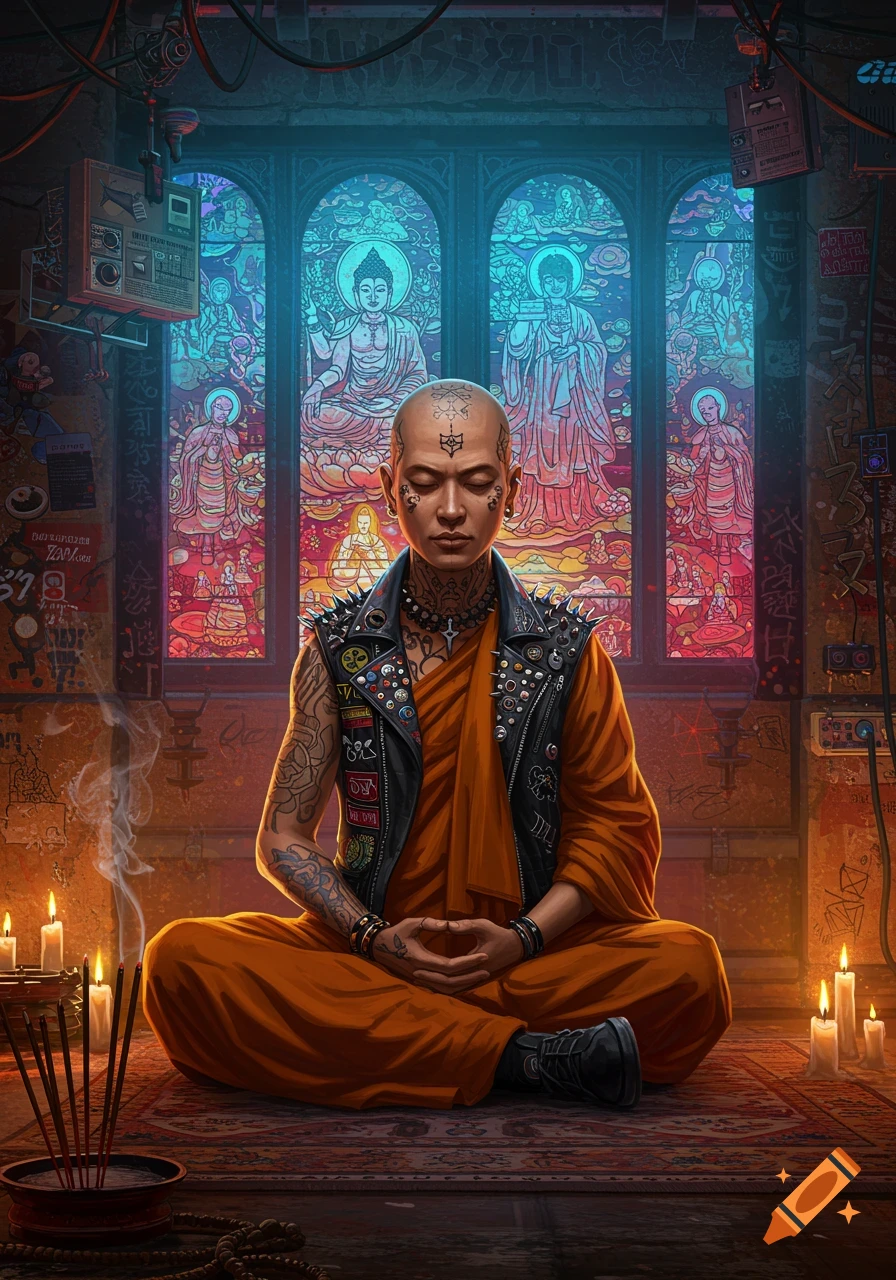 A tattooed person in monk robes and a punk vest meditates before glowing stained-glass Buddha windows in a cyberpunk room.