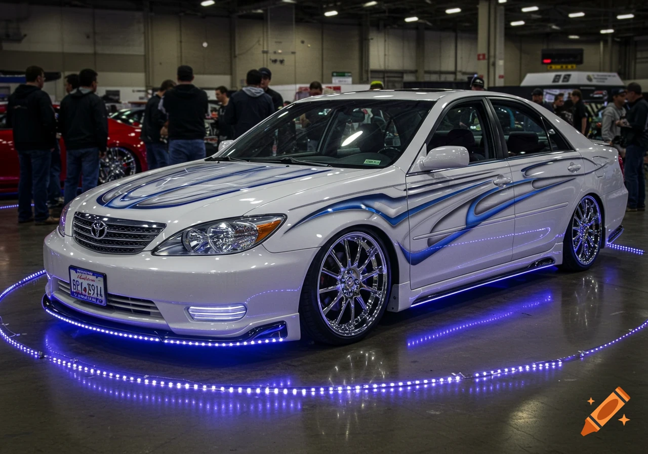 A white Toyota Camry show car with blue flame decals, chrome rims, and blue underglow lights at a car show.