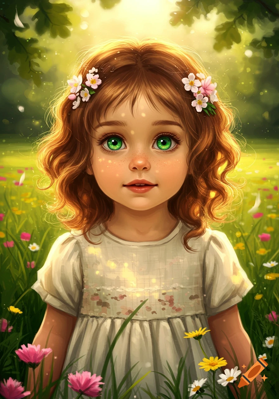 A stylized illustration of a little girl with red hair and bright green eyes, wearing a white dress in a sunny flower field.