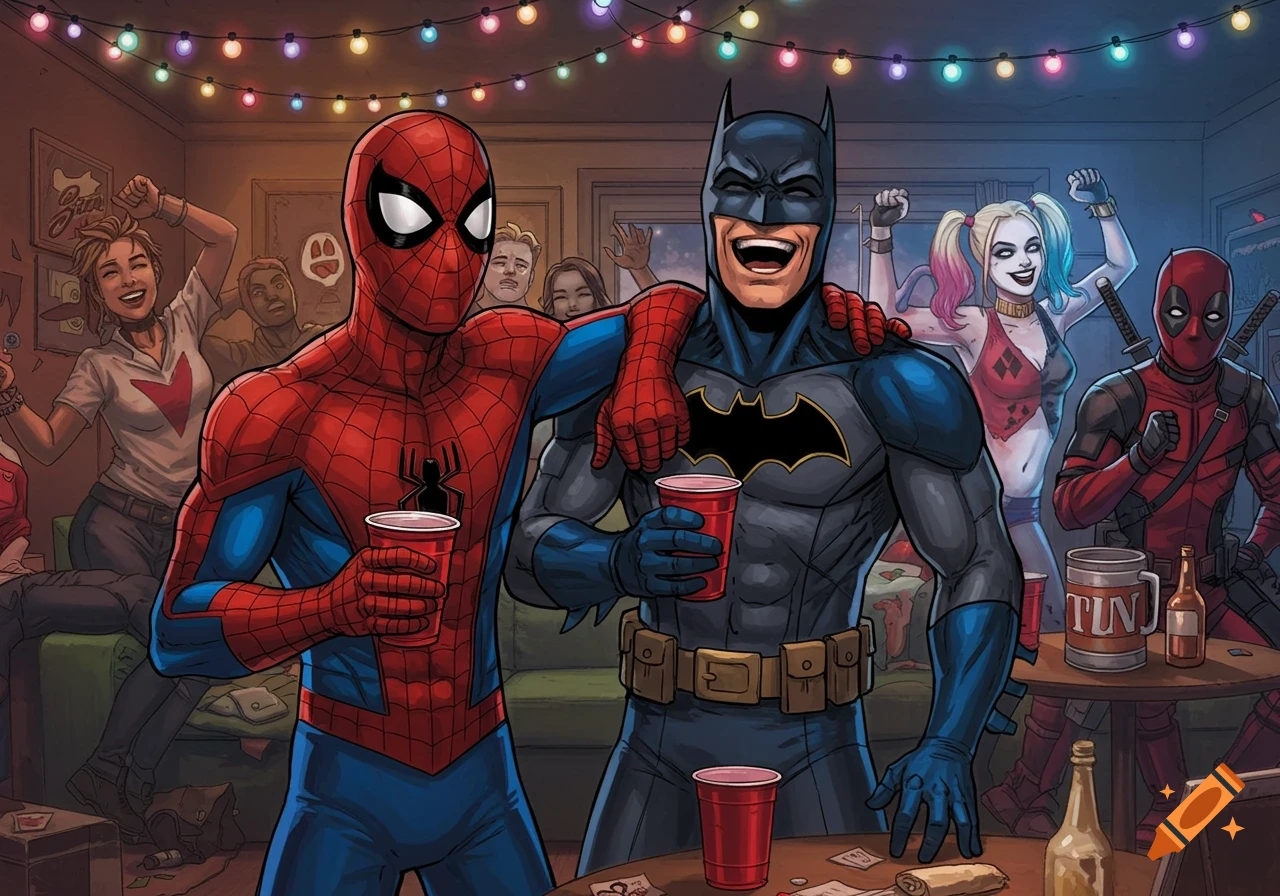Spider-Man and Batman smiling, holding red cups at a party with Harley Quinn and Deadpool in a comic book art style.