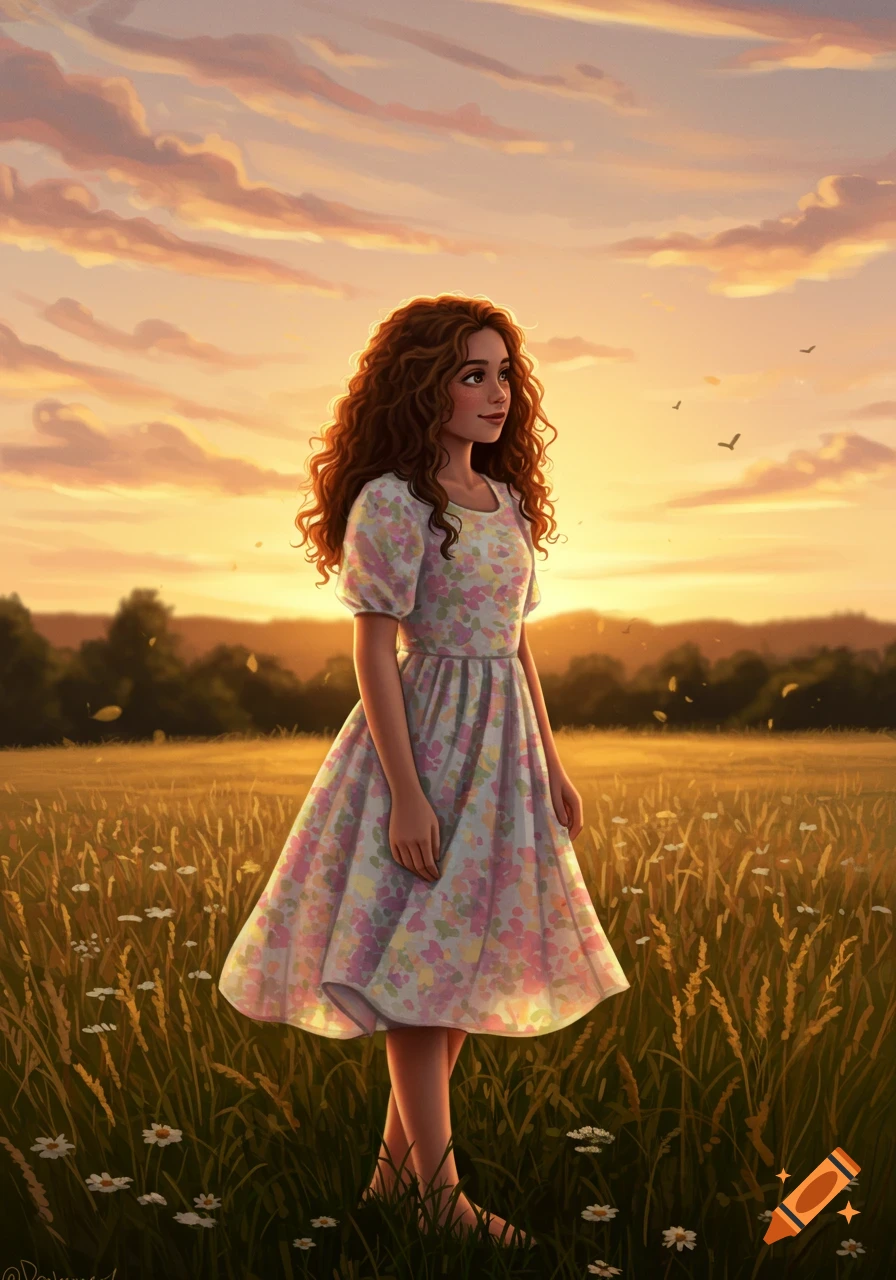 A digital painting of a young girl with curly hair in a floral dress standing in a sunlit field at sunset.