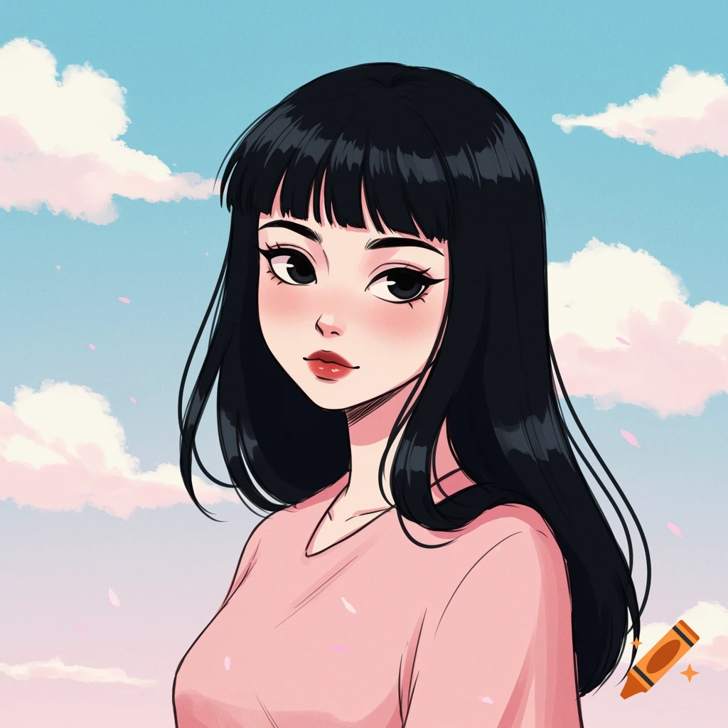 A cartoon portrait of a girl with black hair and bangs in a pink shirt against a blue and pink sky with clouds and petals.