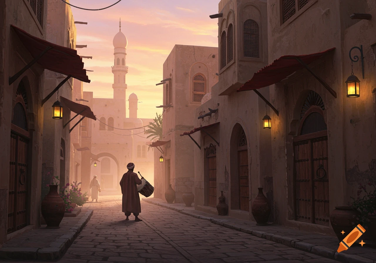 A person walks through a narrow Middle Eastern street with lanterns and a mosque minaret at sunrise, in a digital painting style.