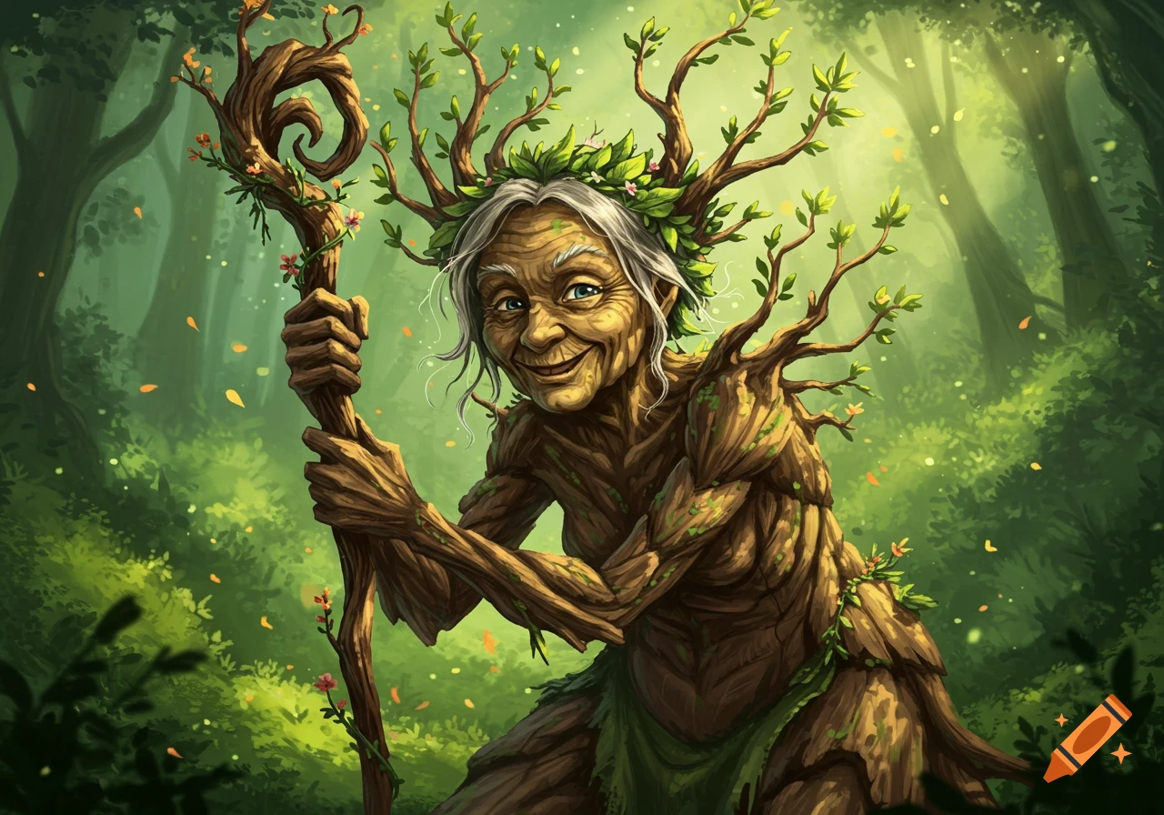 An animated old woman made of wood and earth, with a staff and leafy crown, smiles slyly in a lush forest.