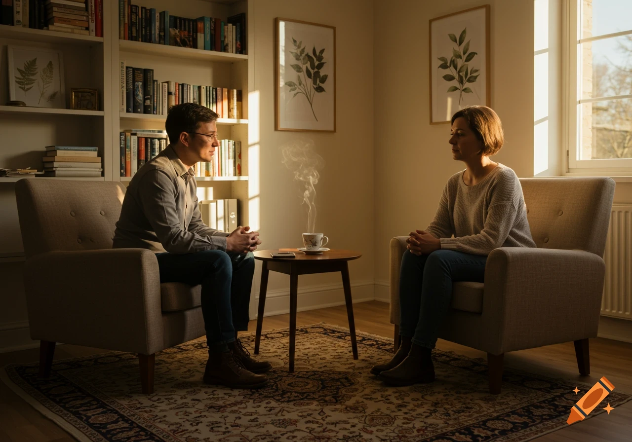 A man and a woman sit in armchairs across from each other in a sunlit room with a bookshelf, engaged in conversation. Photorealistic style.