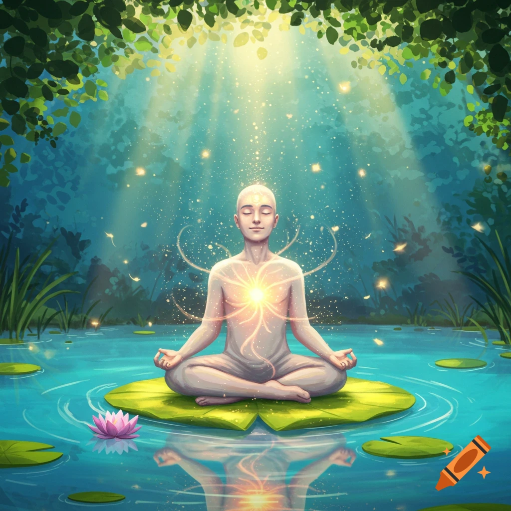A bald person meditates on a lily pad in a pond, light beaming down with glowing energy from their heart. Lush green foliage surrounds.