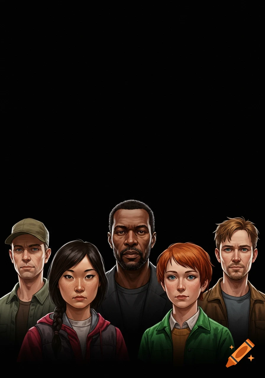 Five diverse individuals in a digital art style, looking forward against a black background.