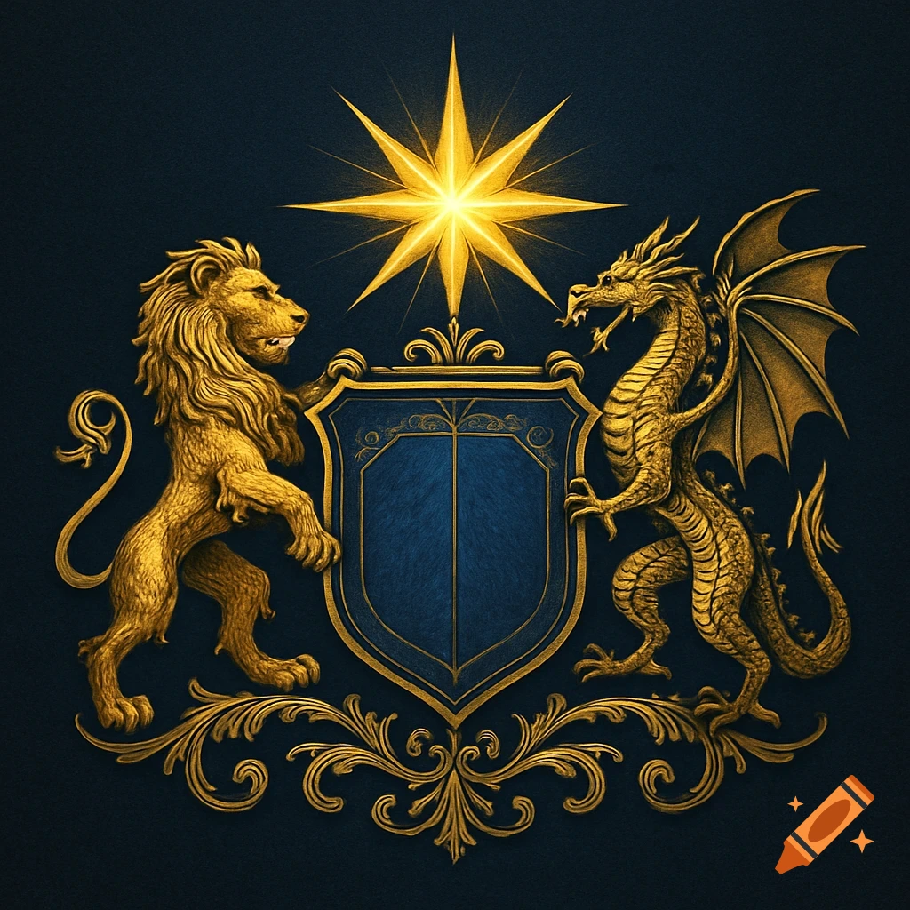 Regal golden crest with a lion and dragon supporting a blue shield under a bright star on a dark background.