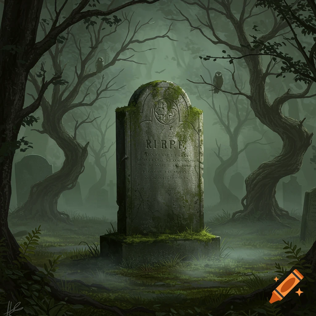 A mossy tombstone stands prominently in a misty, dark forest graveyard, framed by gnarled trees, with owls perched on branches.