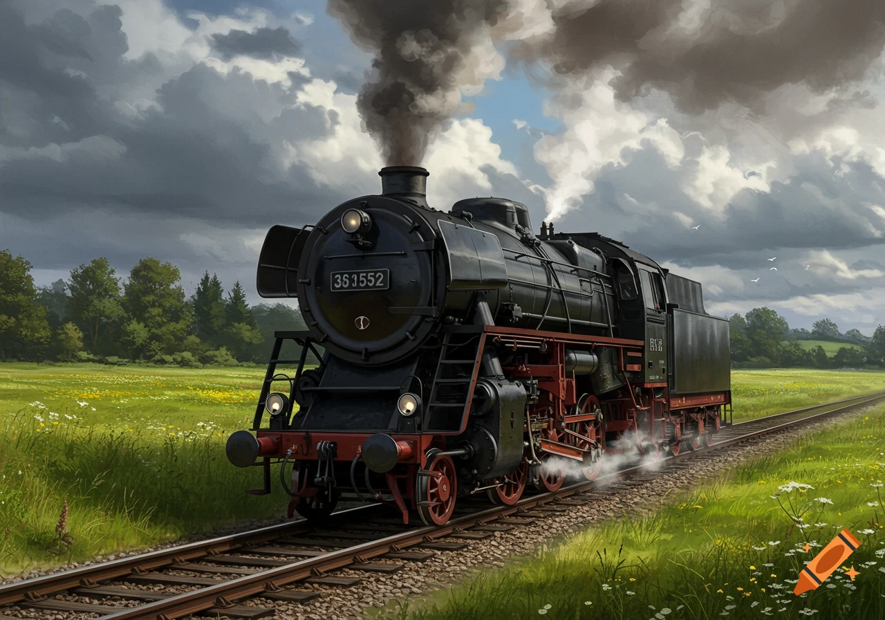 A black steam locomotive with red wheels travels on a track through a vibrant green field under a cloudy sky.