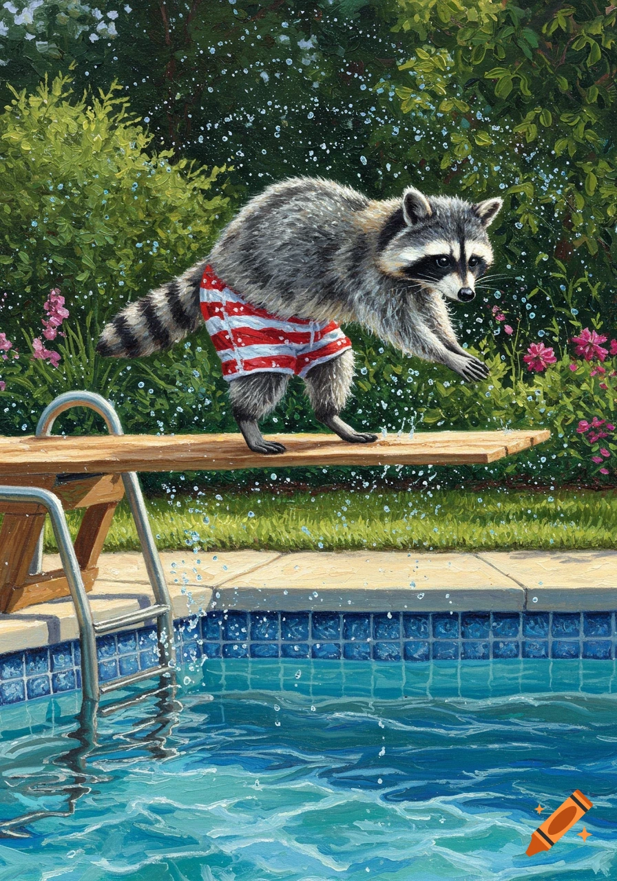 An oil painting of a raccoon wearing red and white striped swim trunks, poised on a diving board above a swimming pool.