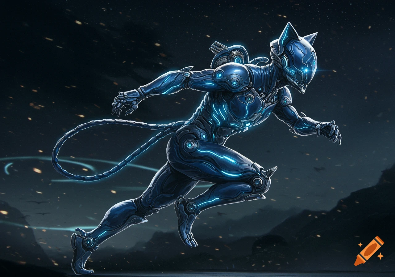A sleek, dark blue armored futuristic character with glowing blue lines, cat ears, and a tail, running in a dynamic pose against a starry sky.