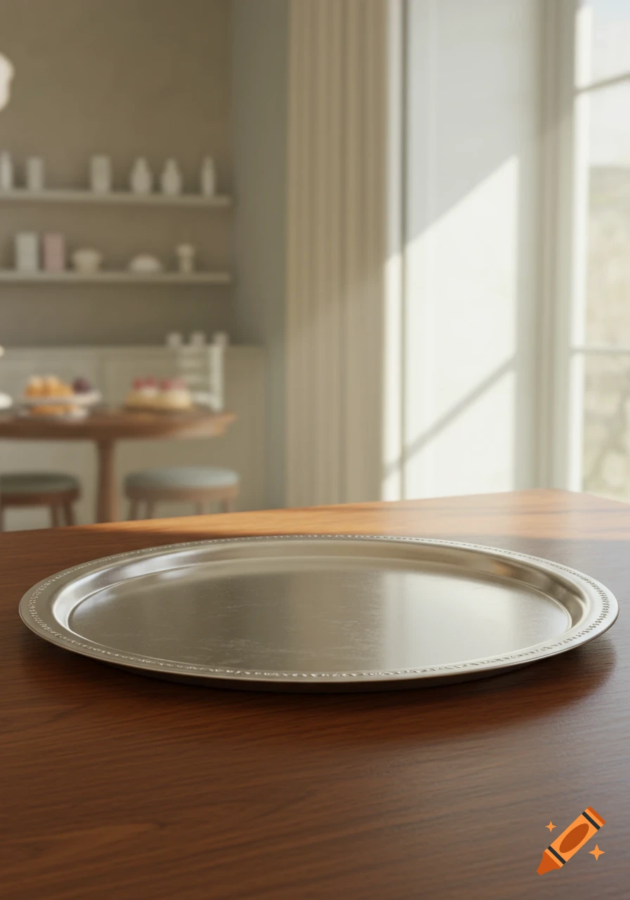 An empty silver oval tray on a wooden table in a sunlit kitchen. Blurred shelves and a window are in the background. Photorealistic.