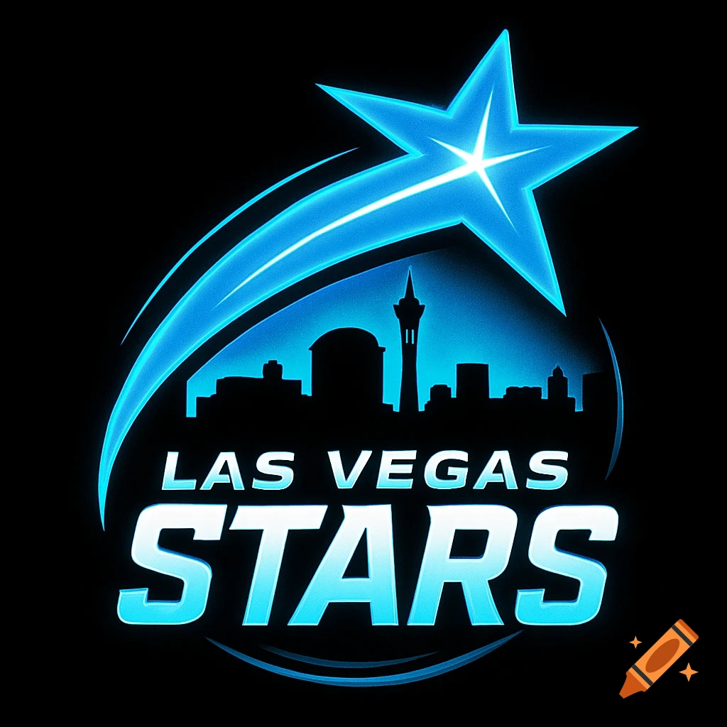 A neon blue and black logo for 'Las Vegas Stars' with a shooting star over a city skyline silhouette.