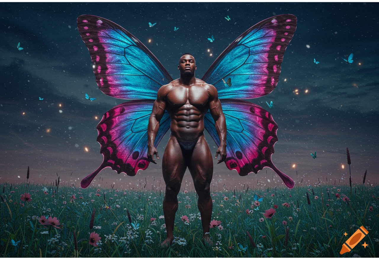 A muscular man with large blue and pink butterfly wings stands in a field of wildflowers under a twilight sky.