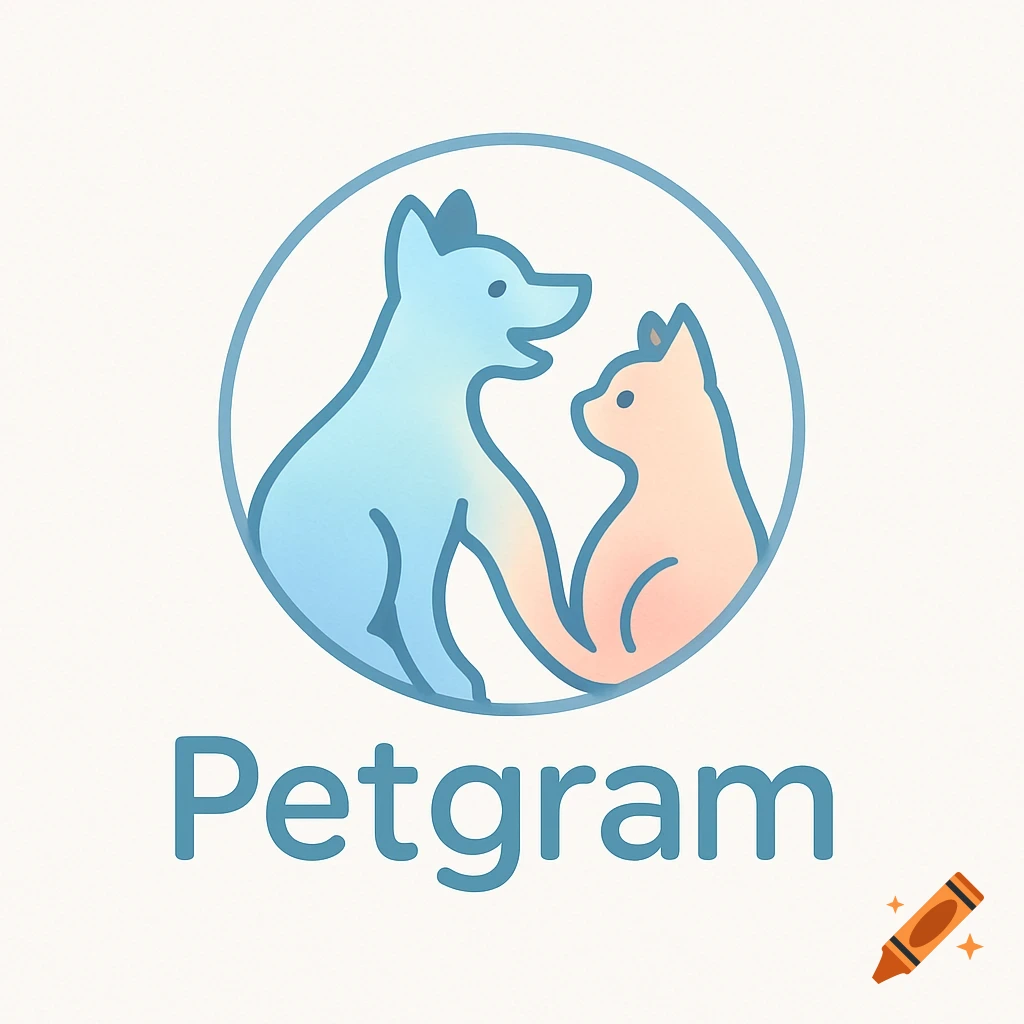 Simple logo featuring a blue dog and a peach cat inside a circle, with the text 'Petgram' below.