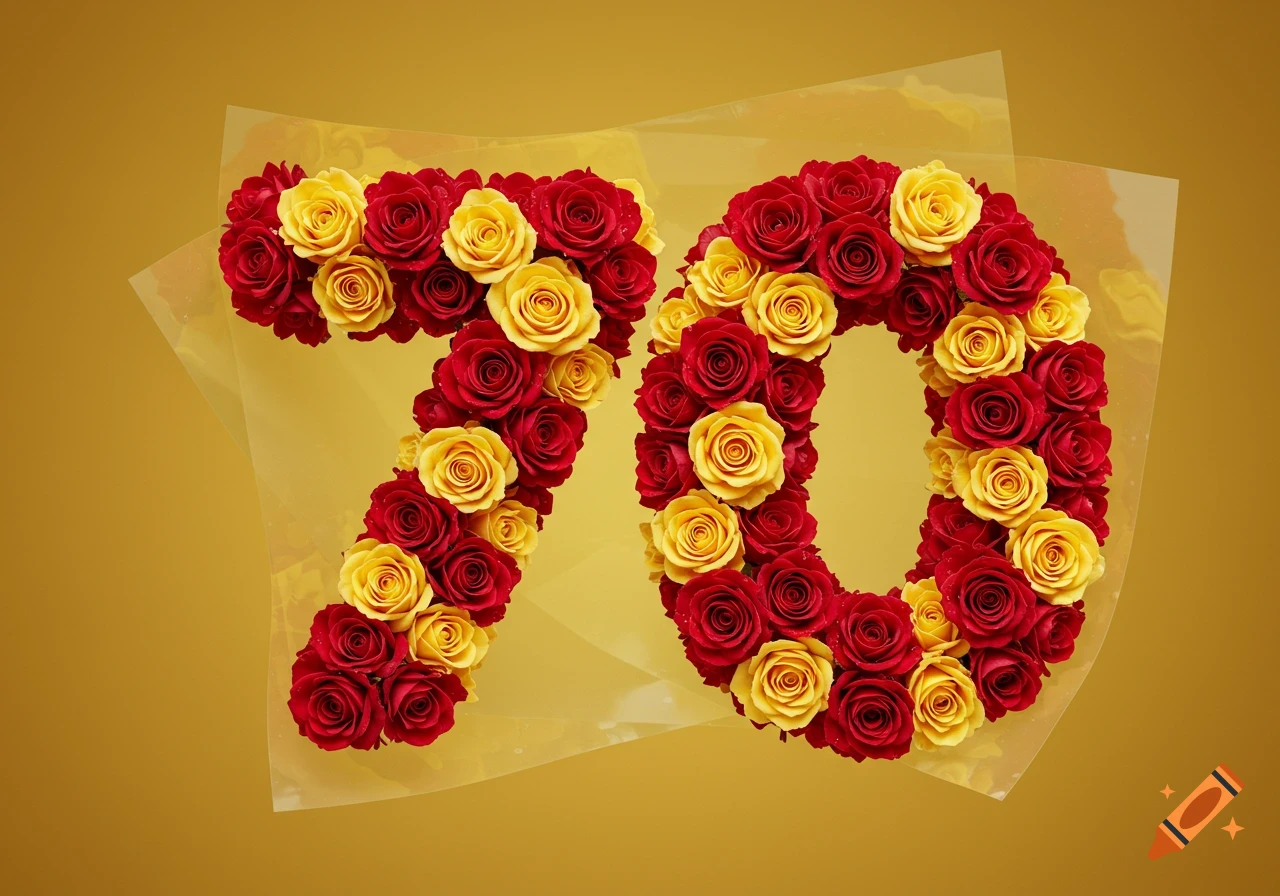 The number 70 is formed by a vibrant arrangement of red and yellow roses, set against a golden-yellow background with subtle transparent wrapping.