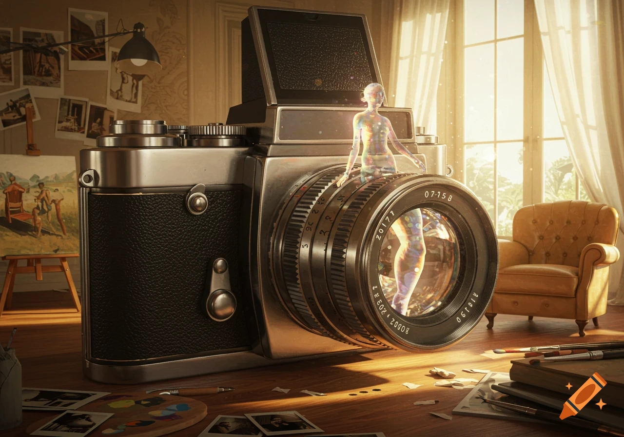 A colorful, translucent humanoid figure emerges from the lens of a large vintage camera on a wooden desk in a sunlit art studio.