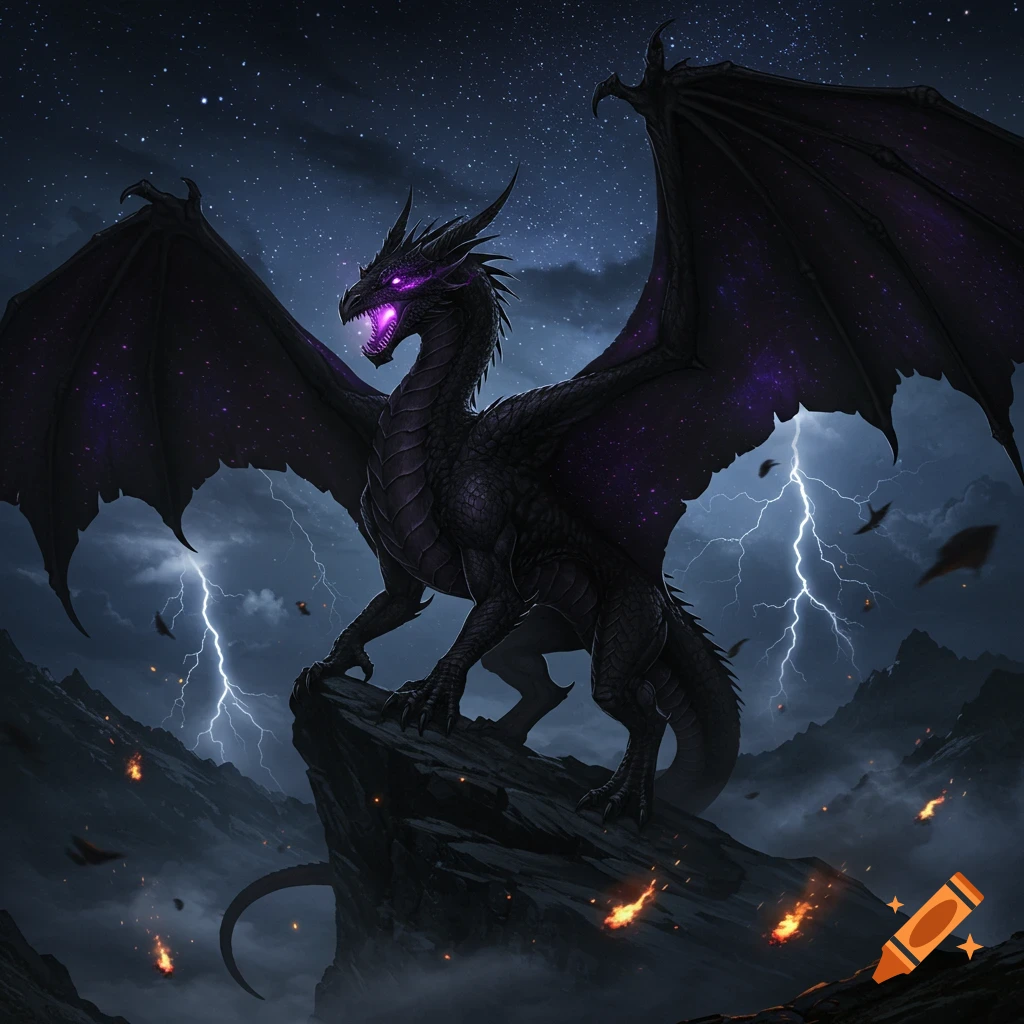 A dark black dragon with glowing purple eyes stands atop a rocky mountain peak during a stormy night with lightning and stars.