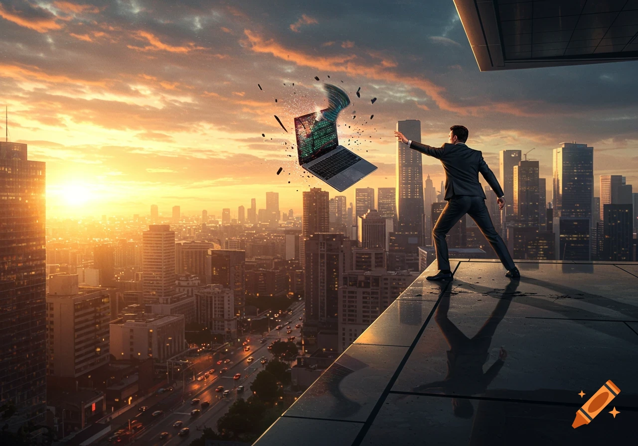 A man in a suit throws a laptop from a skyscraper rooftop, with a city skyline visible at sunset.