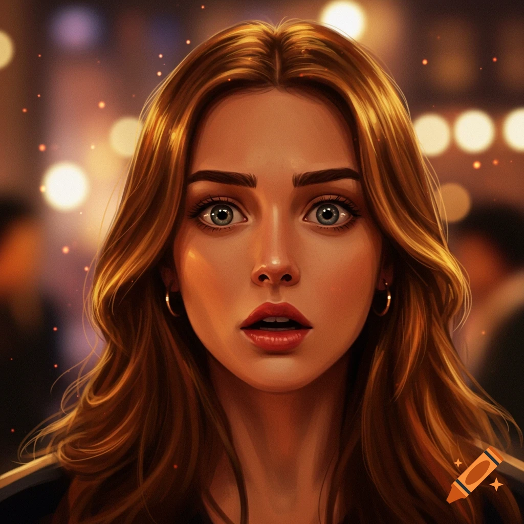 A detailed digital painting of a surprised woman with long brown hair and wide blue eyes against a blurred, glowing background.