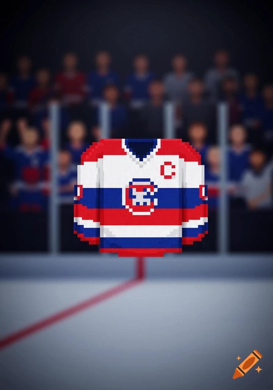 A pixelated white, red, and blue hockey jersey with a team logo and a captain's 'C' sits on an ice rink with blurred spectators.