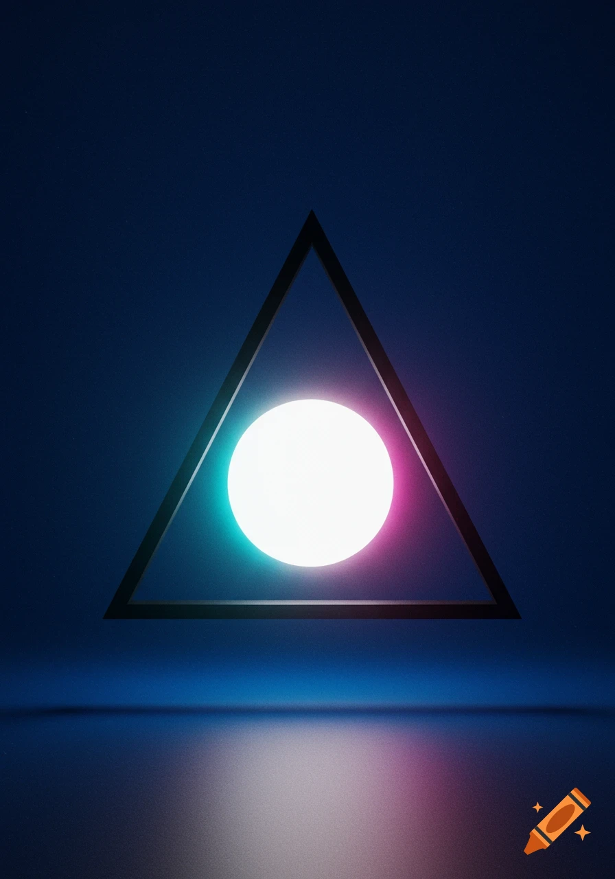 A glowing white circle with teal and magenta light inside a dark triangle, reflecting on a surface against a dark blue background.