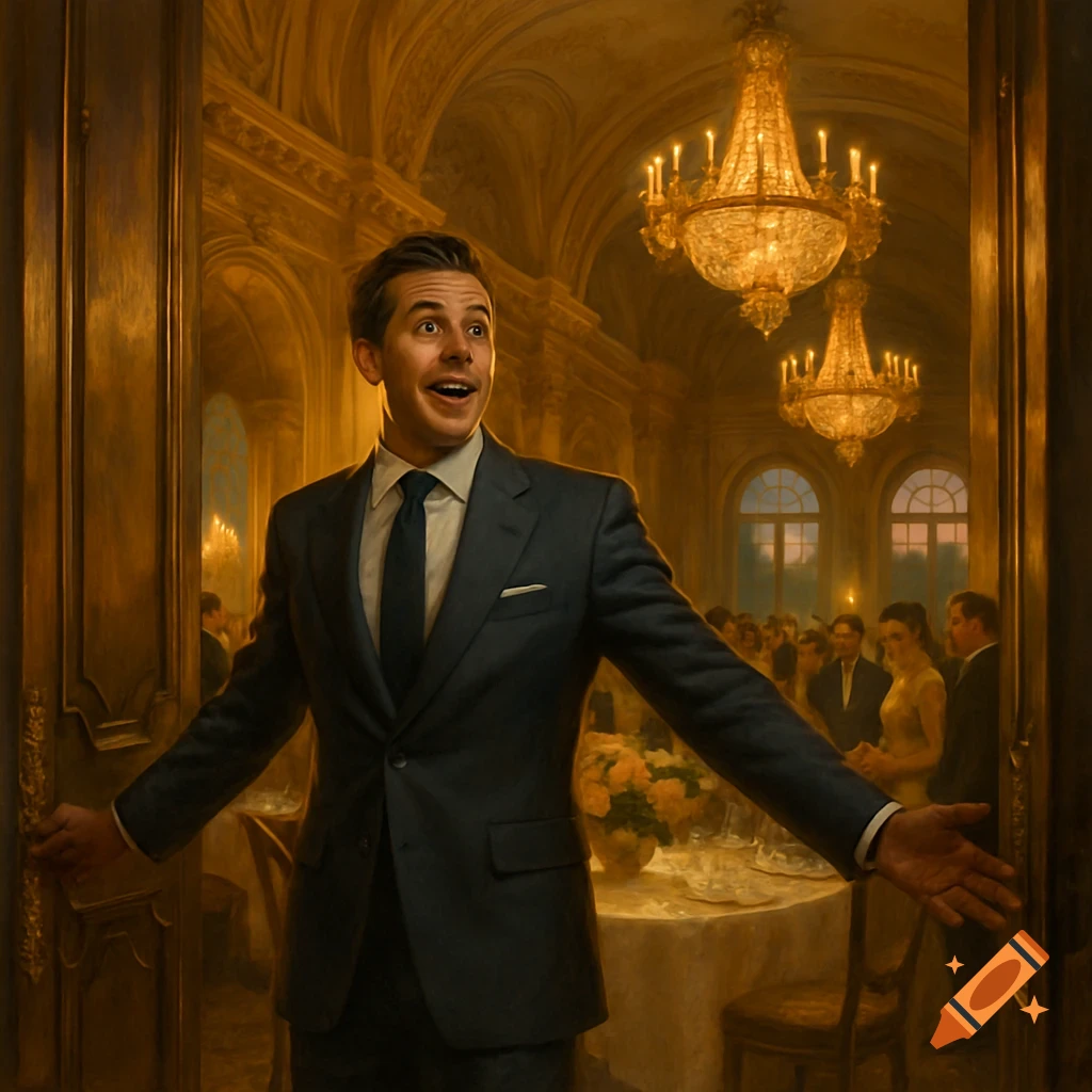 A man in a suit with arms outstretched stands in a doorway, looking surprised at a grand ballroom with chandeliers.